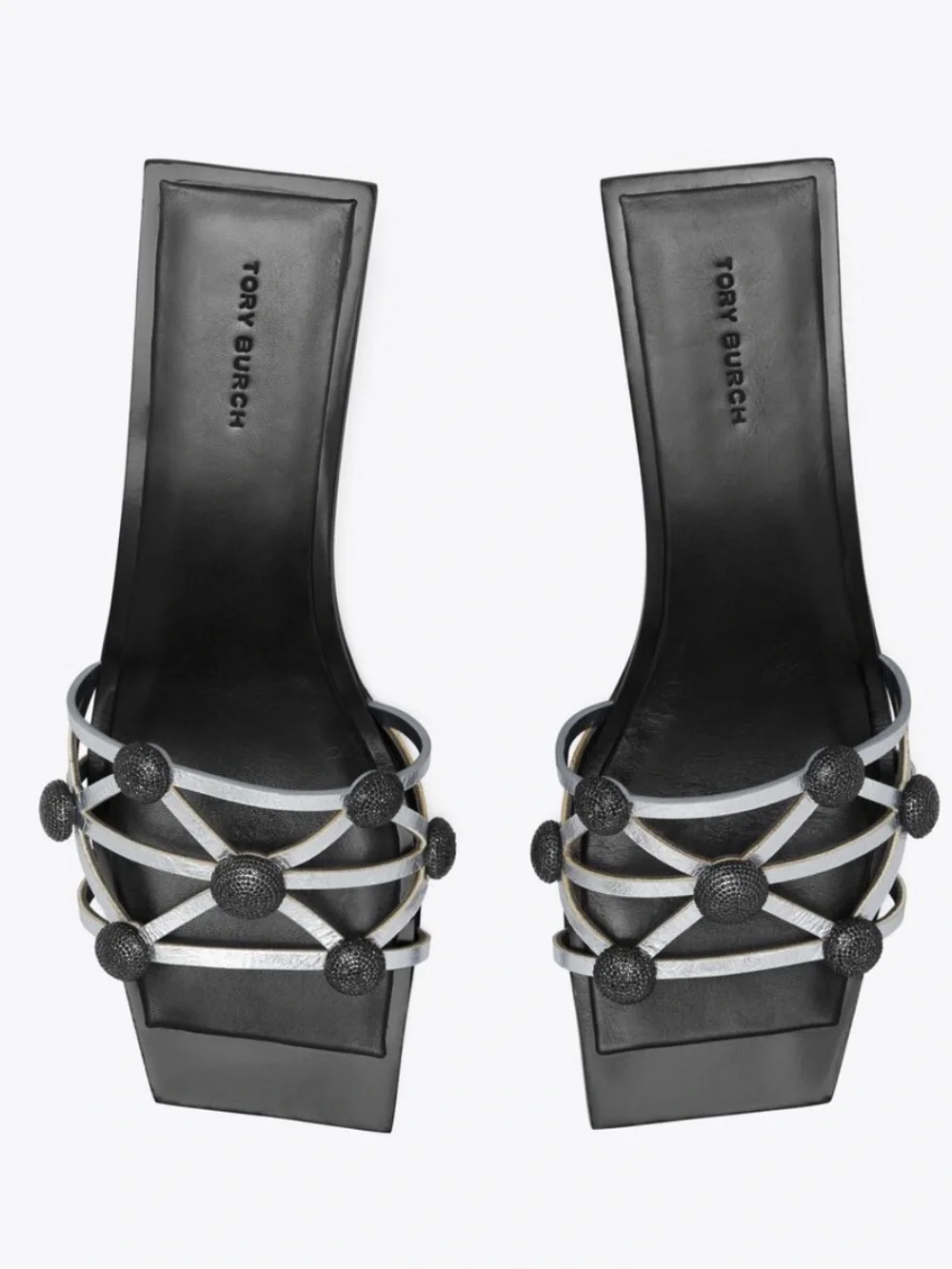 Tory Burch Black Crystal Bobble Silver Metallic Leather Square Toe Low Heels 8.5